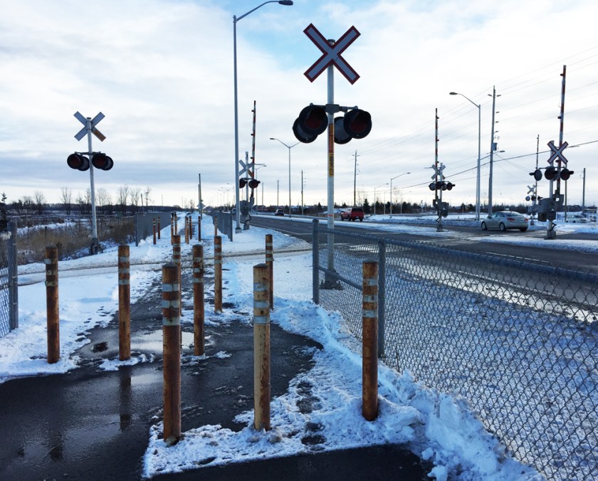 Crossing train tracks along Woodroffe