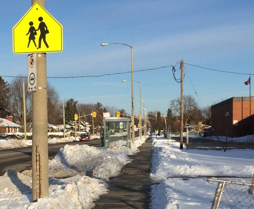 View of Meadowlands signalled crosswalk in front of St Gregory School seen from Sullivan Ave.