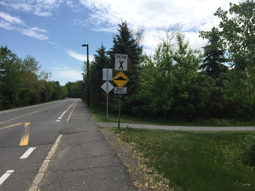 Bike lane along La Cité where it intersects path to Meadowcroft Crescent